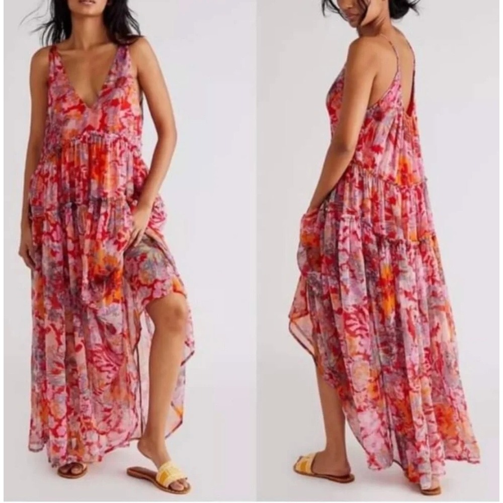 Free People Julianna Maxi Dress Small Red Floral Tiered Chiffon Sheer Boho Chic